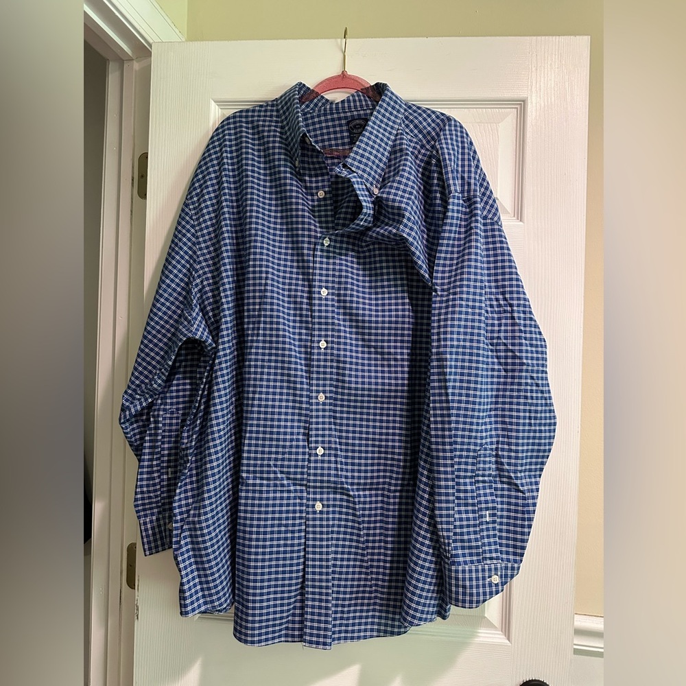4XL Brooks Brothers Blue and White Plaid Long Sleeve Dress Shirt